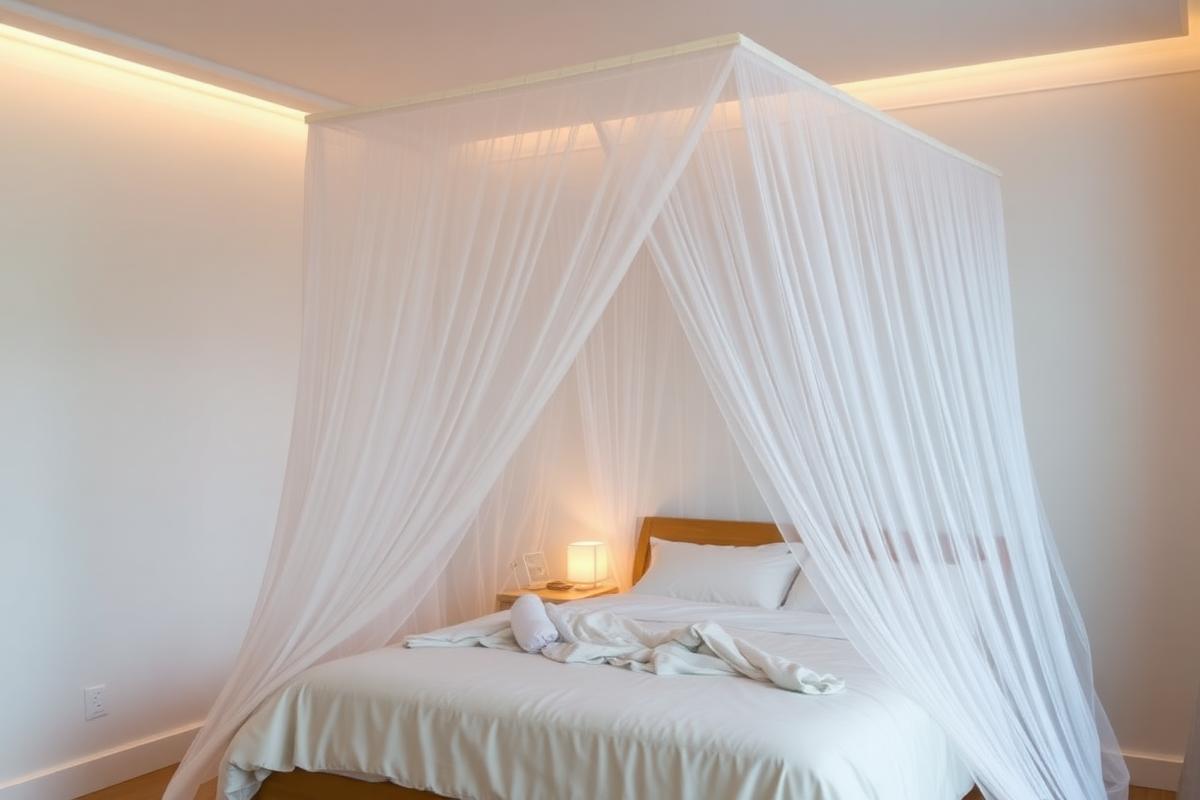 ناموسية بيضاء أنيقة مثبتة فوق سرير لحماية النائم من الناموس