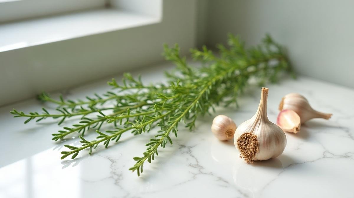 أغصان شيح طازجة وفصوص ثوم مرتبة على سطح رخامي لطرد الوزغ طبيعياً