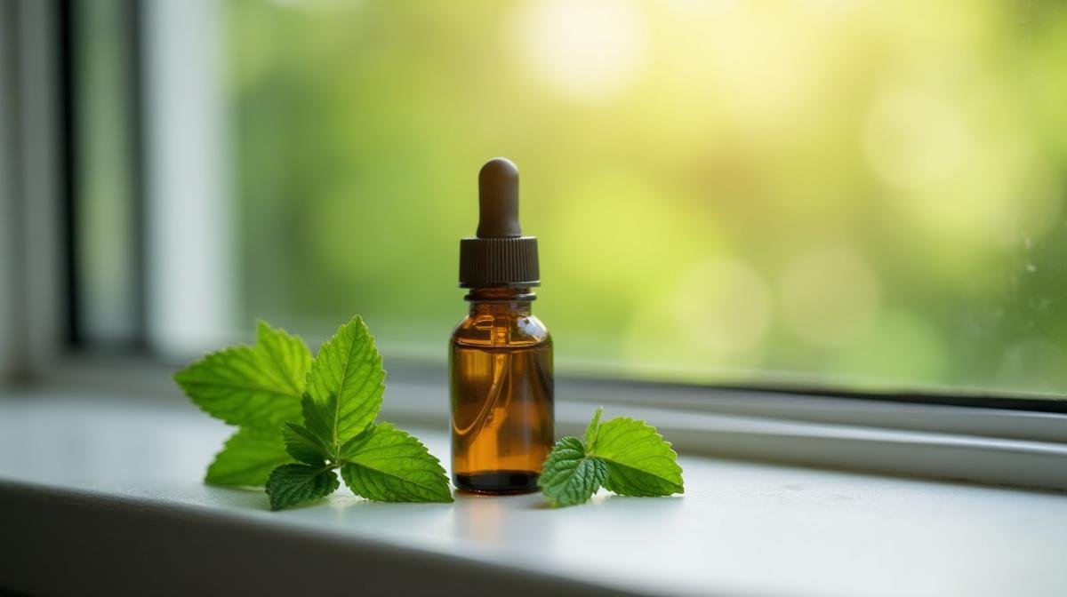 زجاجة زيت عطري مع أوراق نعناع على حافة نافذة لطرد الوزغ