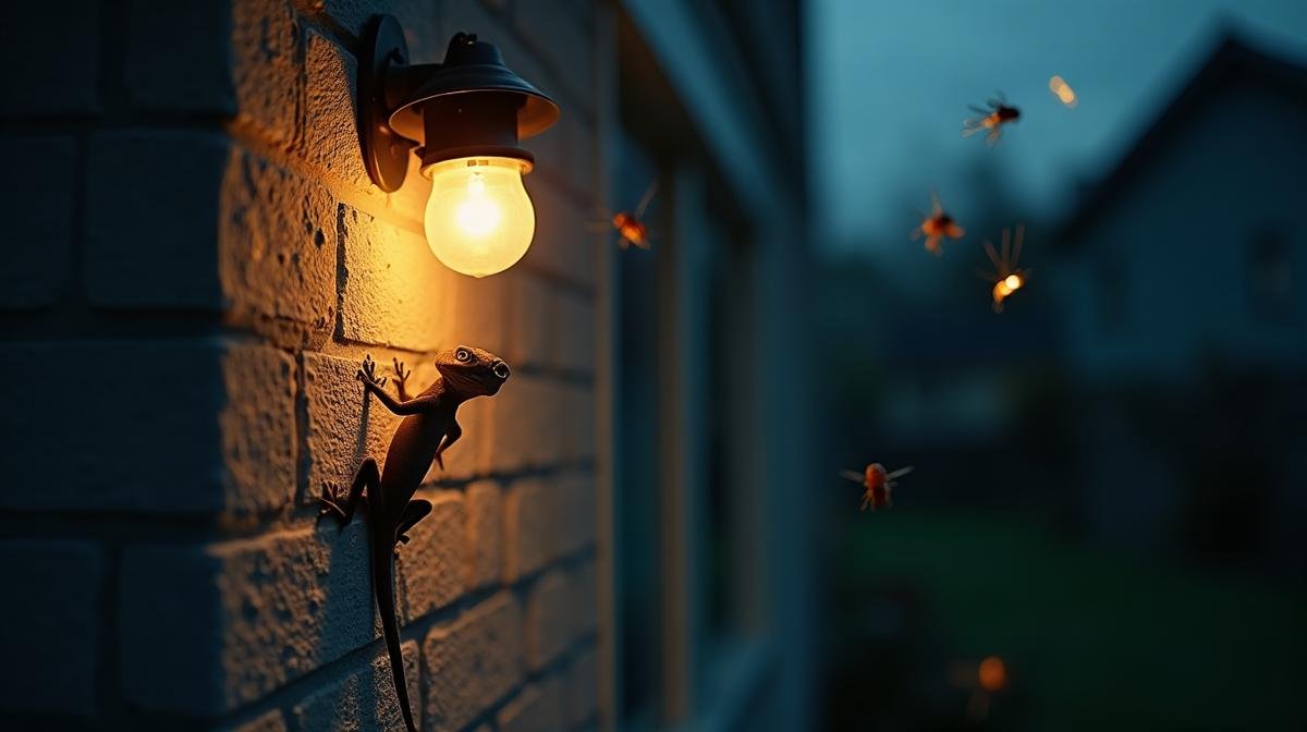 وزغ صغير على جدار خارجي ليلاً بالقرب من إضاءة الشرفة
