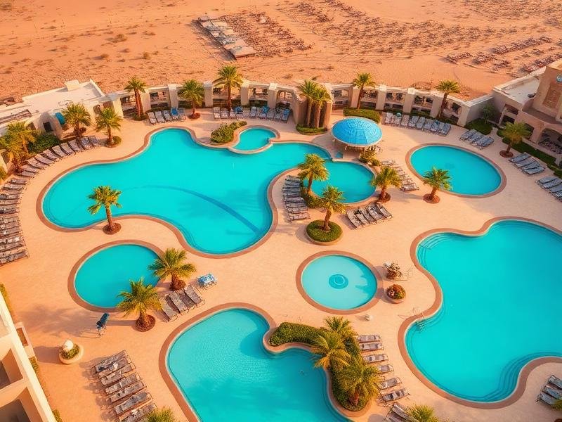مجمع مسابح منتجع في مناخ صحراوي حار - عرض جوي