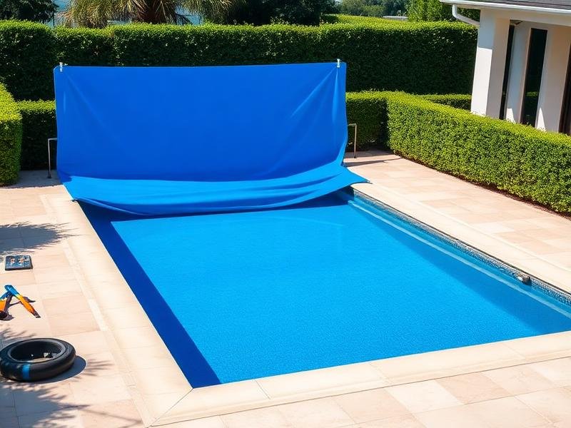 مسبح فيلا مغطى بغطاء واقٍ أثناء الصيانة الموسمية