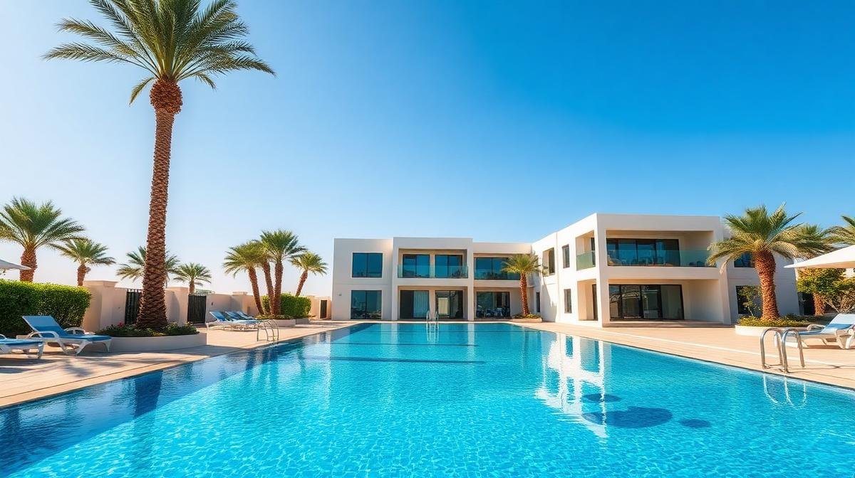 مسبح خارجي بمياه صافية في فيلا سعودية تحت أشعة الشمس