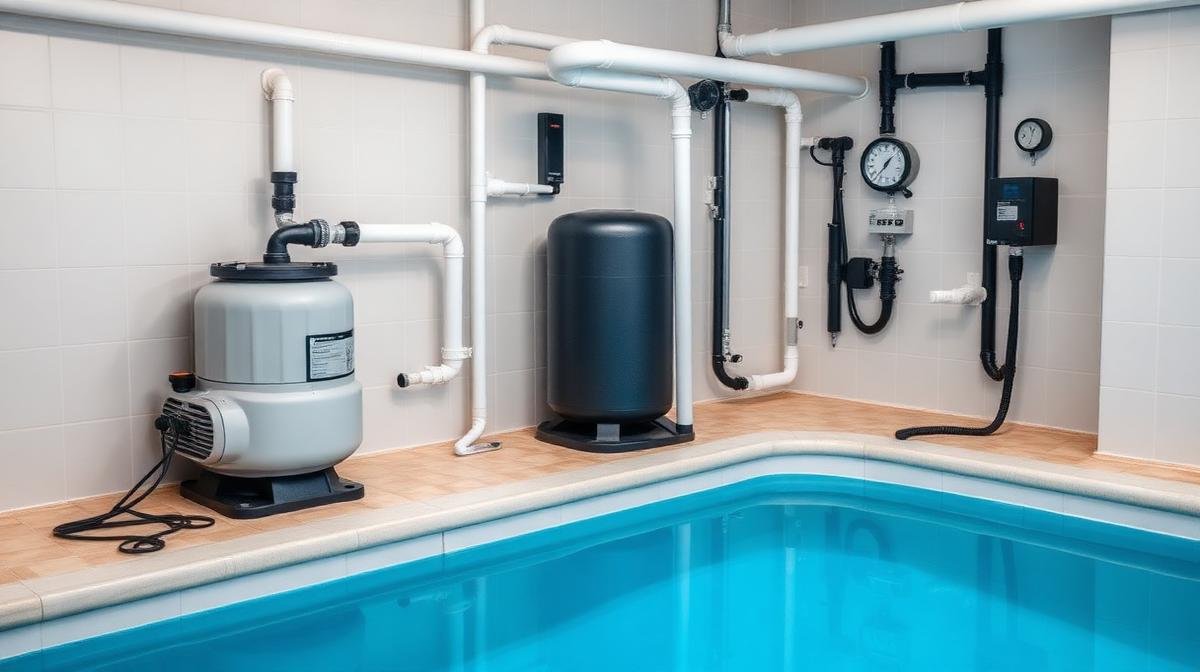 غرفة مضخات المسبح مع نظام الترشيح والأنابيب ومقياس الضغط