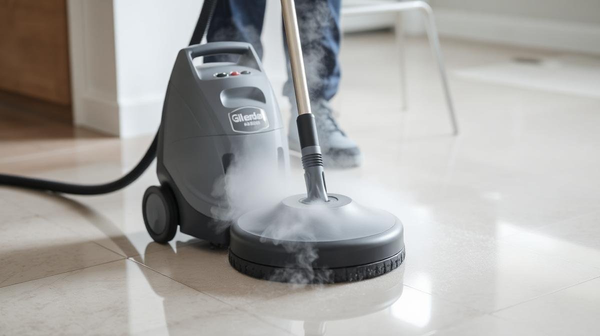 جهاز تنظيف بالبخار الاحترافي أثناء العمل على أرضية بلاط