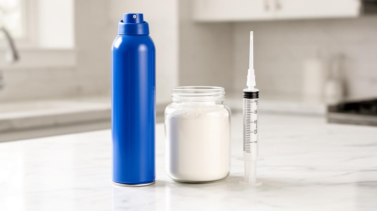 أنواع المبيدات الحشرية المنزلية: بخاخ وبودرة وجل على سطح مطبخ