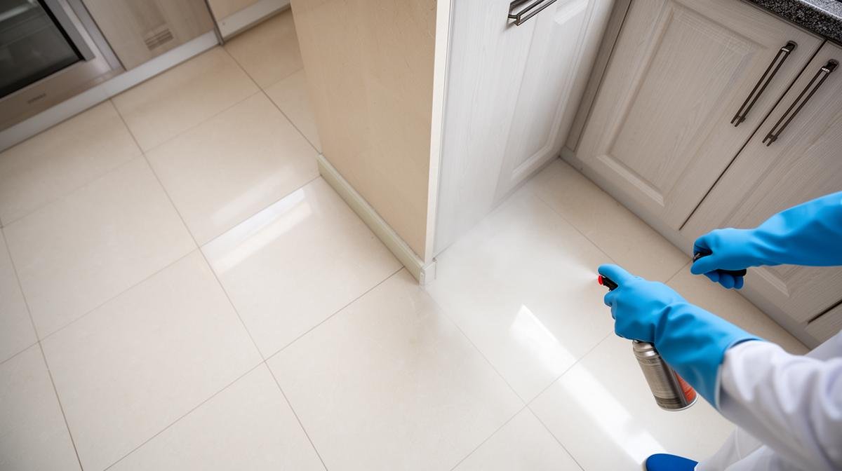 رش بخاخ مبيد الحشرات على حواف أرضية المطبخ بقفازات واقية