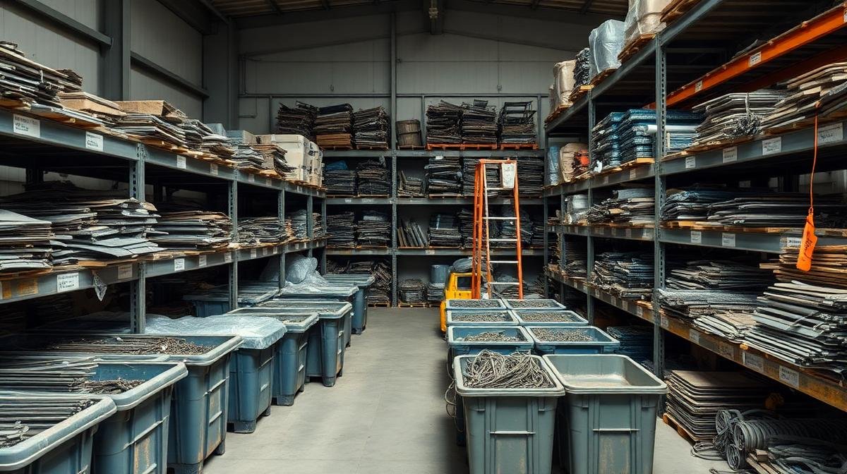 ساحة تخزين سكراب منظمة بحاويات مصنفة ومسقوفة