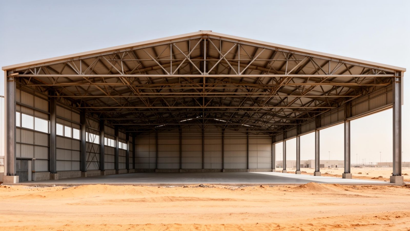 هنجر حديد صناعي بهيكل جمالون في منطقة صناعية سعودية