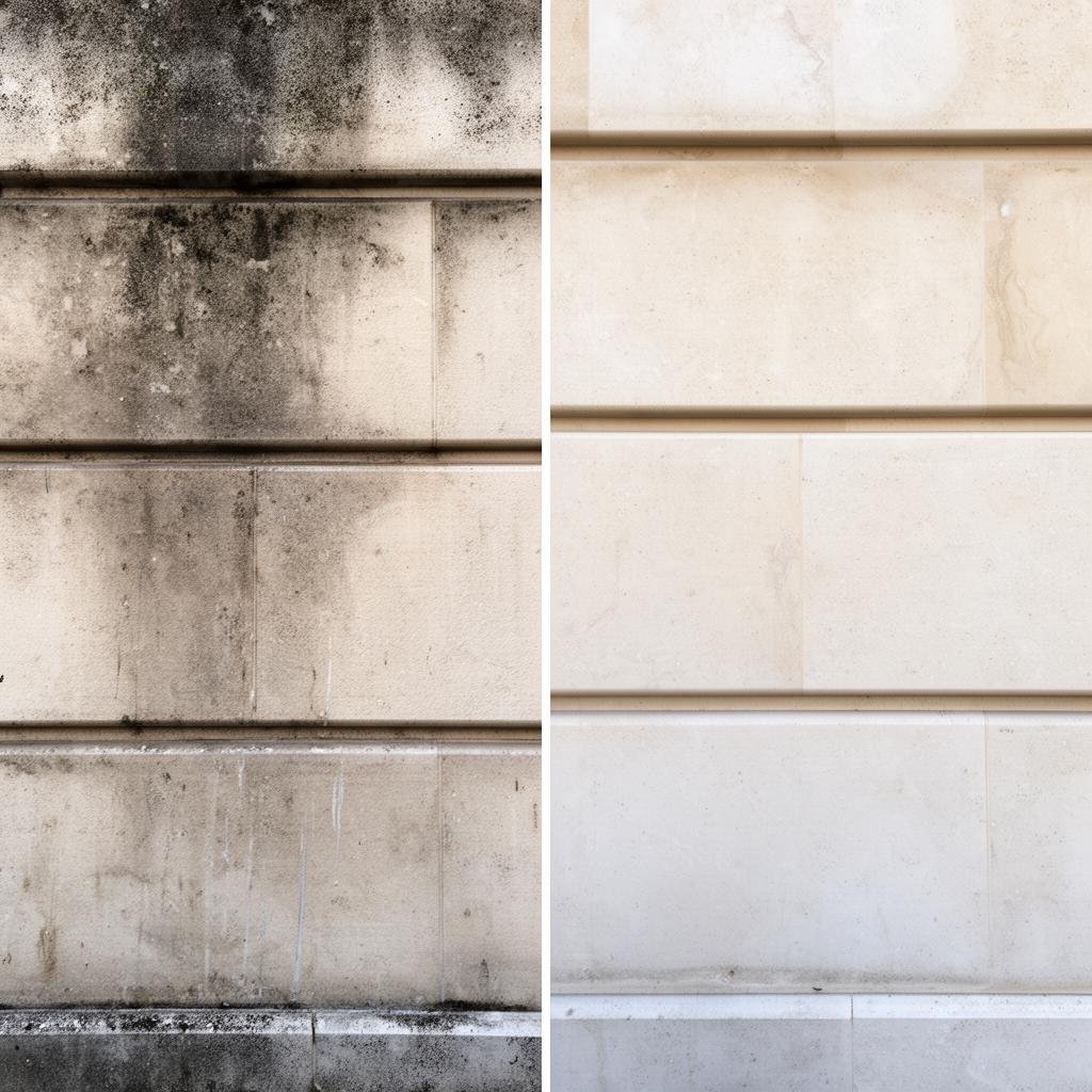 مقارنة واجهة حجر طبيعي قبل وبعد التنظيف الاحترافي