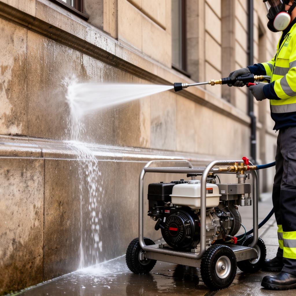 معدات غسيل واجهات المباني بالضغط العالي أثناء العمل