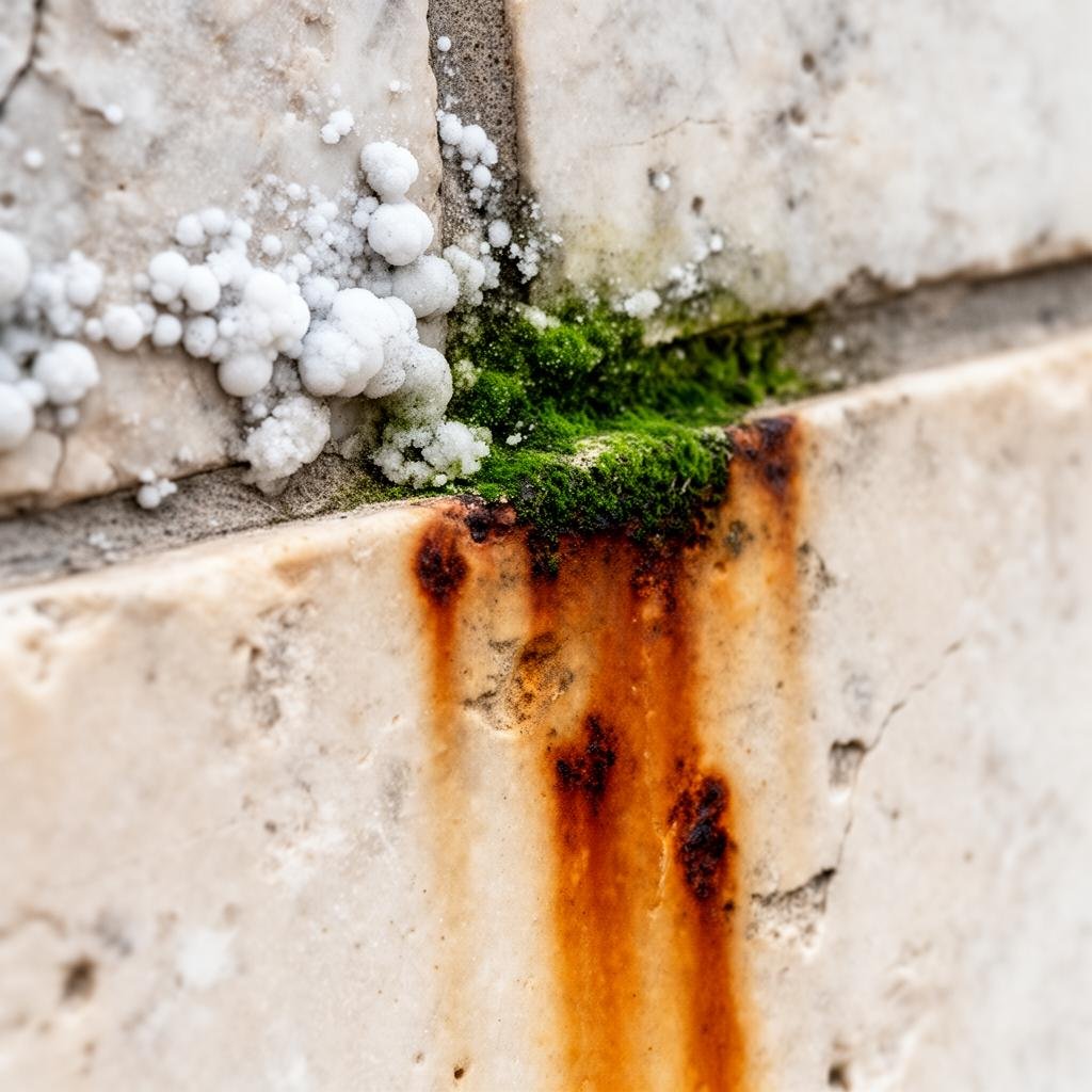 بقع شائعة على واجهات الحجر الطبيعي: أملاح بيضاء وطحالب خضراء وصدأ برتقالي