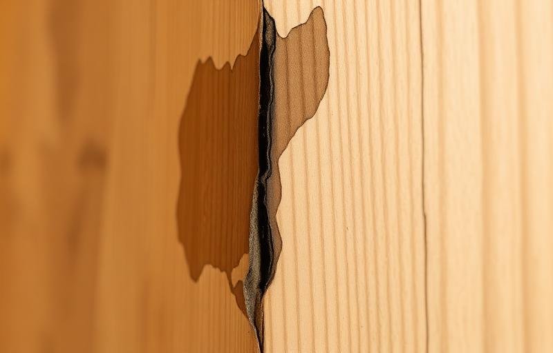 تلف رطوبة وبقع مائية على زاوية جدار خشبي تجذب النمل الأبيض