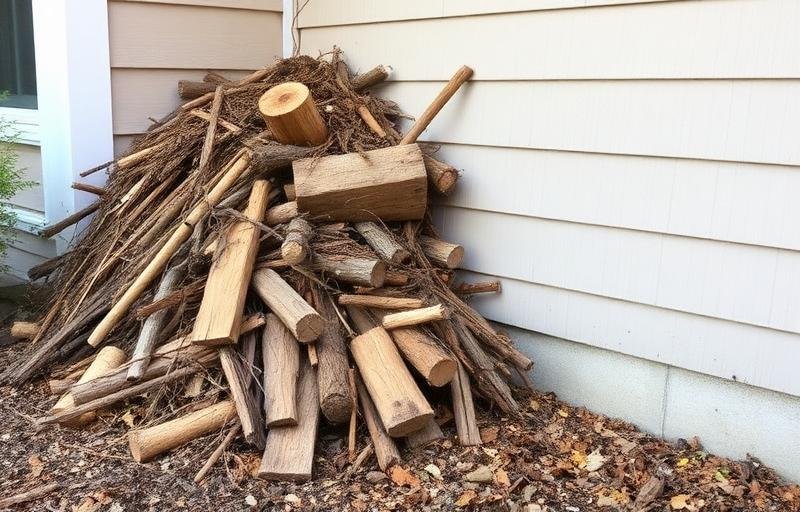 أخشاب وبقايا نباتية متراكمة على جدار المنزل الخارجي تجذب الأرضة