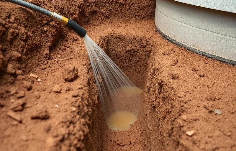 حقن التربة بالمبيدات الكيميائية لمكافحة النمل الأبيض حول أساسات المبنى في مكة المكرمة