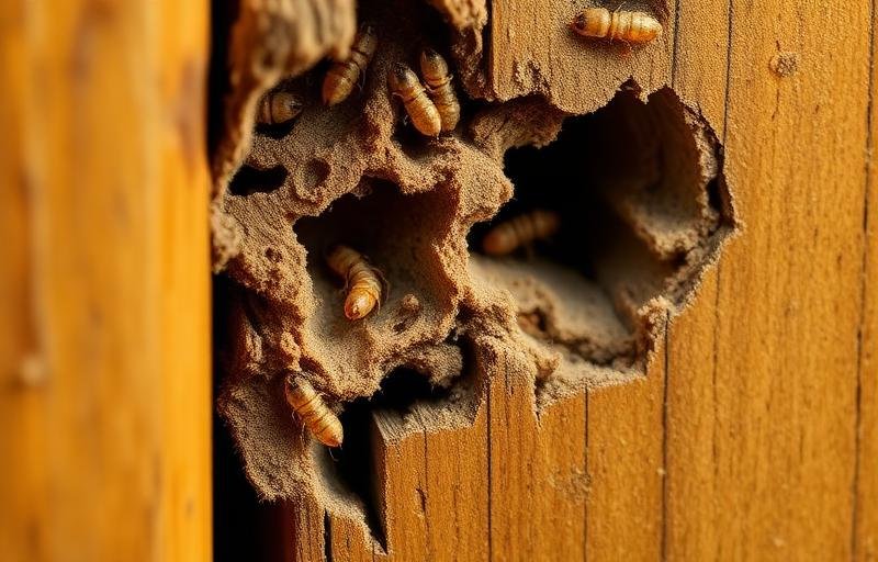 أضرار النمل الأبيض على إطار باب خشبي تظهر الأنفاق والنشارة