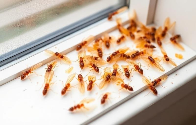 أجنحة النمل الأبيض المتساقطة على حافة نافذة دليل على موسم التزاوج