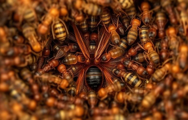 ملكة النمل الأبيض محاطة بالعمال في الحجرة الملكية تحت الأرض