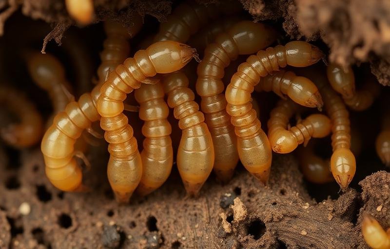 يرقات وحوريات النمل الأبيض في مراحل نمو مختلفة داخل الخشب