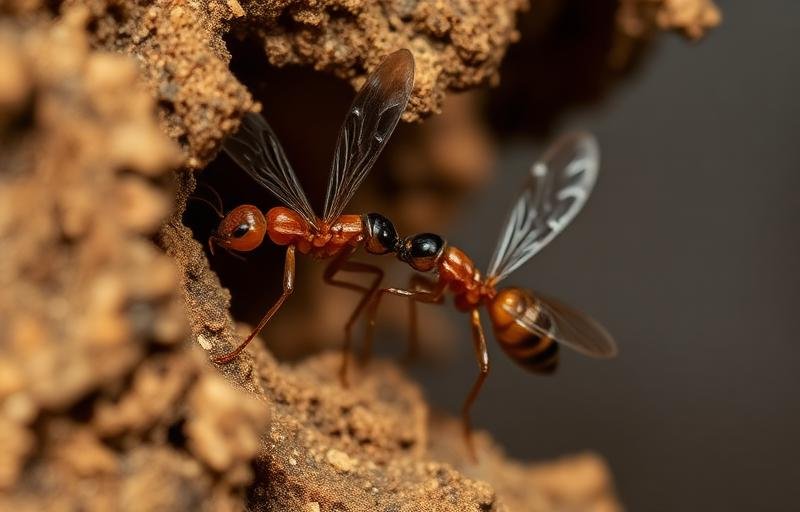 نمل أبيض مجنح يخرج من الخشب استعداداً لرحلة التزاوج