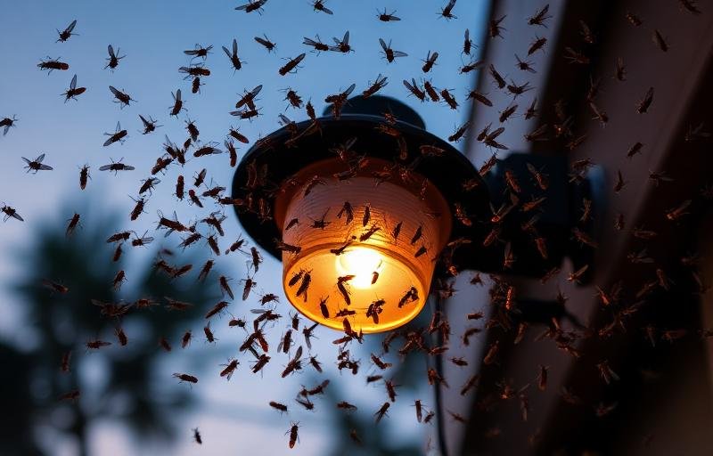 سرب النمل الأبيض المجنح يتجمع حول مصباح خارجي عند الغسق