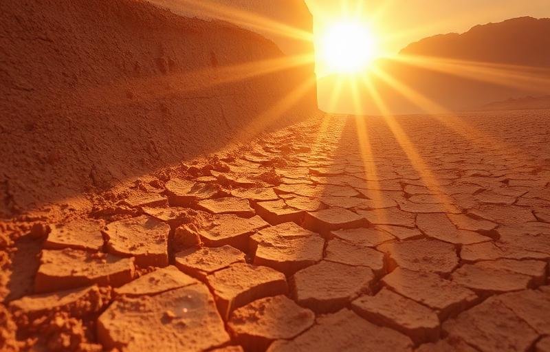 أشعة الشمس الحارقة على تربة متشققة جافة في بيئة صحراوية سعودية