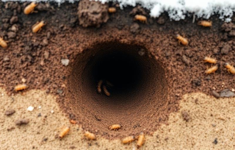 نفق نمل أبيض تحت الأرض في التربة خلال فترة السكون الشتوي