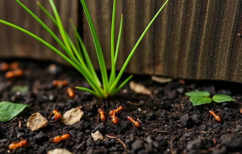 نمل أبيض يخرج من التربة بالقرب من سياج خشبي في فصل الربيع