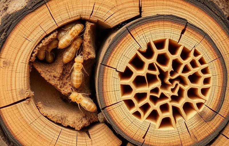 خشب متضرر من النمل الأبيض يظهر الأنفاق الداخلية