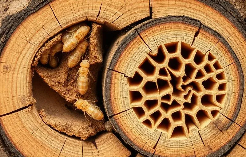 خشب متضرر من النمل الأبيض يظهر الأنفاق الداخلية