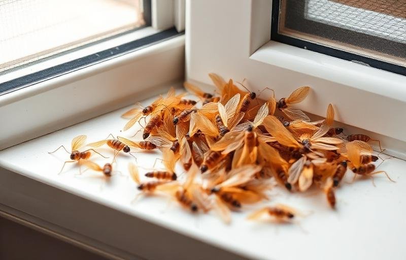 أجنحة نمل أبيض متساقطة على عتبة نافذة