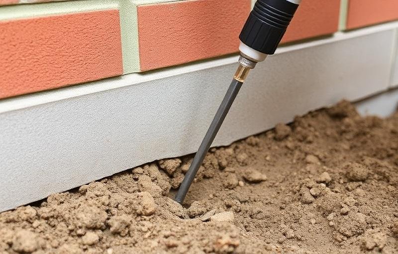 حقن مبيد كيميائي في التربة بالقرب من أساسات المبنى لمكافحة النمل الأبيض