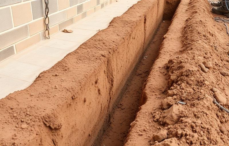 خندق محفور حول أساسات مبنى لملئه بتربة معالجة كحاجز للأرضة