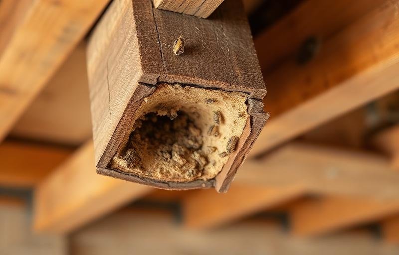 عمود خشبي داعم مأكول من الداخل بسبب النمل الأبيض يظهر التجويف الهيكلي