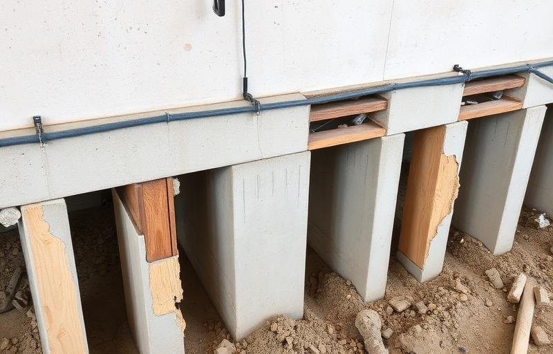 أعمال إصلاح أساسات مبنى متضرر من النمل الأبيض بالخرسانة المسلحة