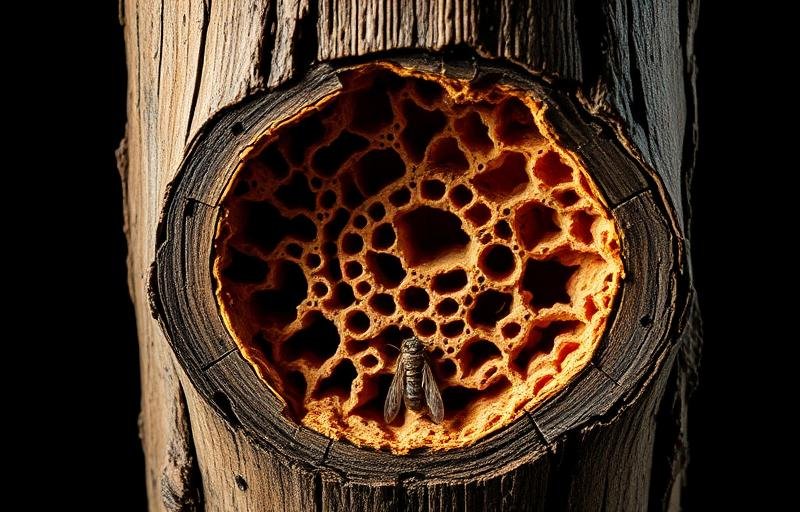 مقطع عرضي لعمود خشبي يكشف شبكة أنفاق النمل الأبيض المعقدة