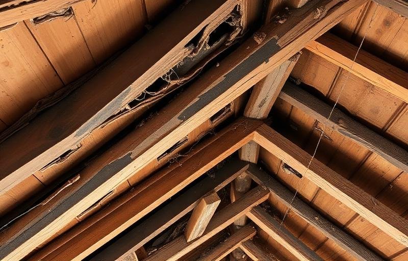 عوارض سقف خشبية متضررة بشدة من النمل الأبيض تظهر التآكل الهيكلي