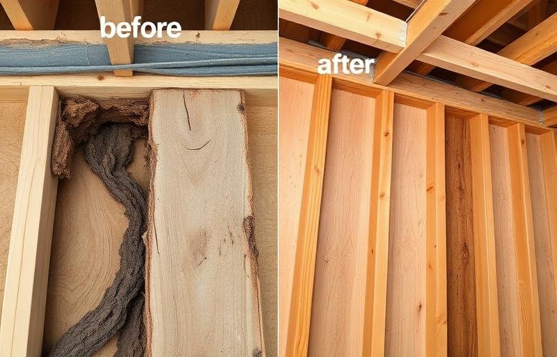 مقارنة قبل وبعد إصلاح أضرار النمل الأبيض في الهيكل الخشبي