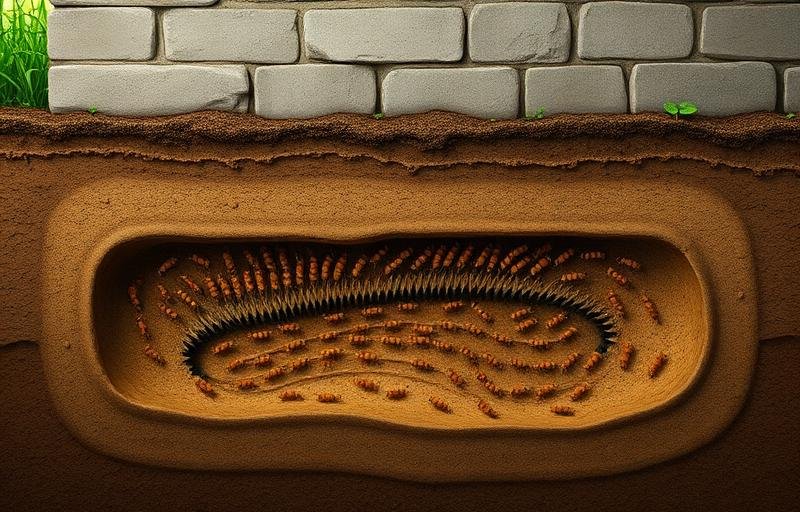 مستعمرة النمل الأبيض الجوفي في مقطع عرضي للتربة بالقرب من أساسات مبنى