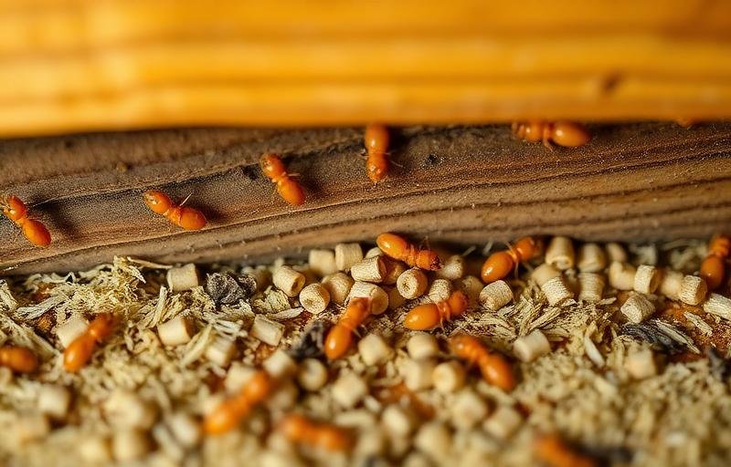 حبيبات ونشارة النمل الأبيض الجاف أسفل قطعة أثاث خشبية