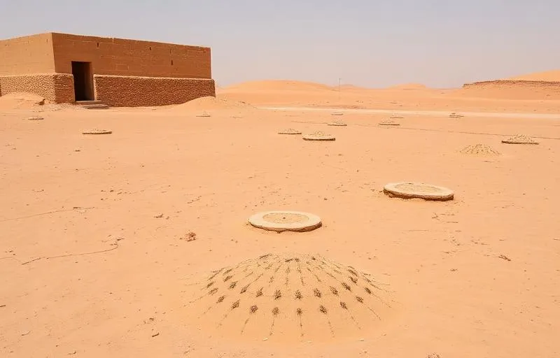 بيئة صحراوية سعودية مع تلال النمل الأبيض بالقرب من مبنى