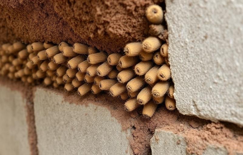 أنابيب طينية للنمل الأبيض على جدار أساس المبنى