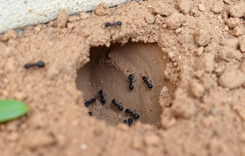 مستعمرة نمل عادي عند مدخل العش في التربة