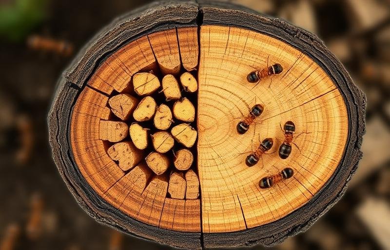 مقطع عرضي للخشب يوضح أنفاق النمل الأبيض مقابل أعشاش النمل العادي