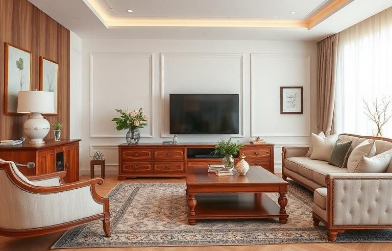 أثاث خشبي فاخر محمي من النمل الأبيض في غرفة معيشة