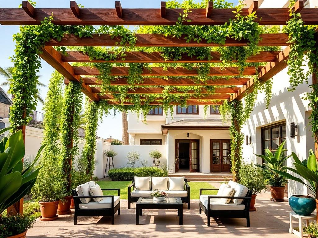 برجولا خشبية مع نباتات متسلقة في حديقة فيلا