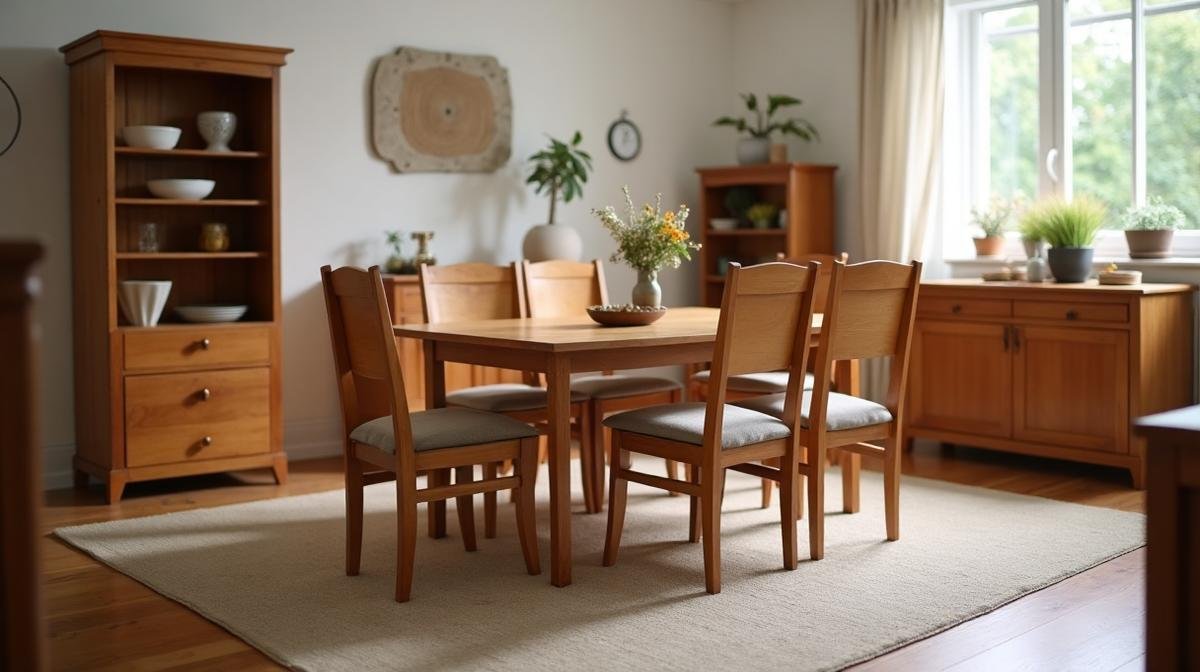 أثاث مستعمل معروض للتقييم والبيع - طاولة طعام وكراسي وخزانة خشبية في غرفة مضيئة