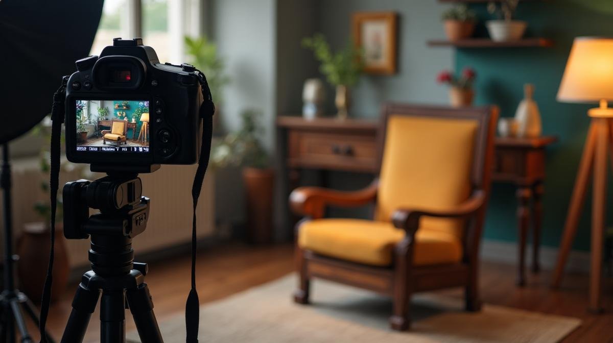 كاميرا احترافية على حامل تصور كرسي خشبي مع إضاءة استوديو - بروتوكول تصوير الأثاث