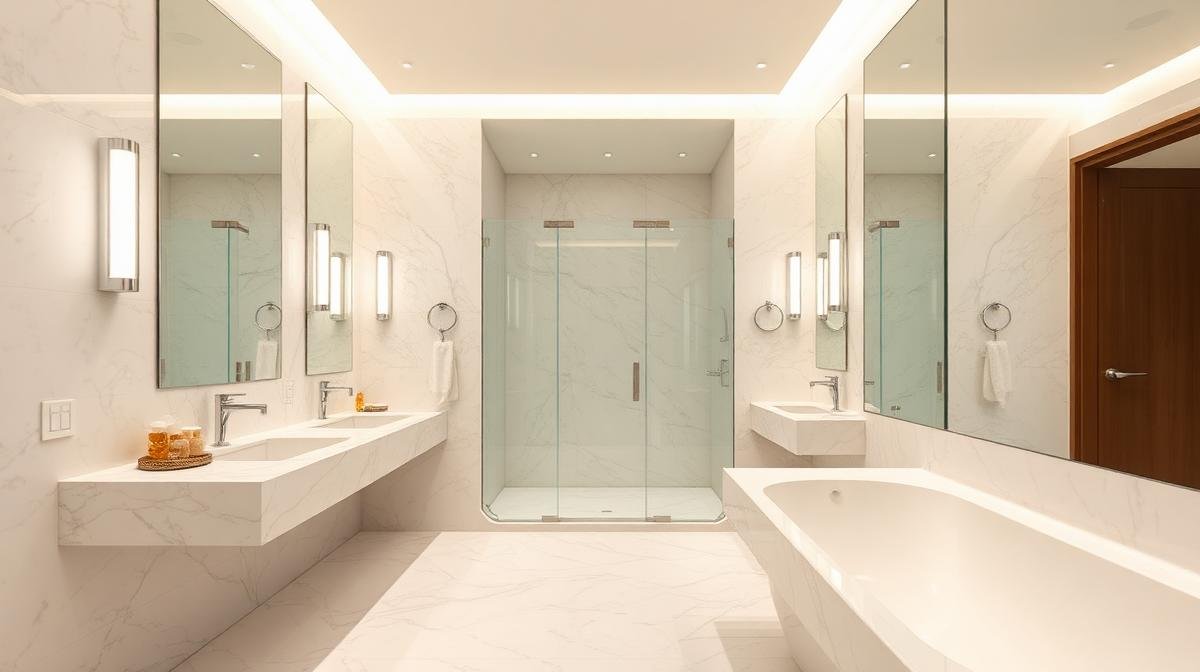 حمام فيلا فاخر نظيف بأسطح رخامية لامعة ومرايا صافية