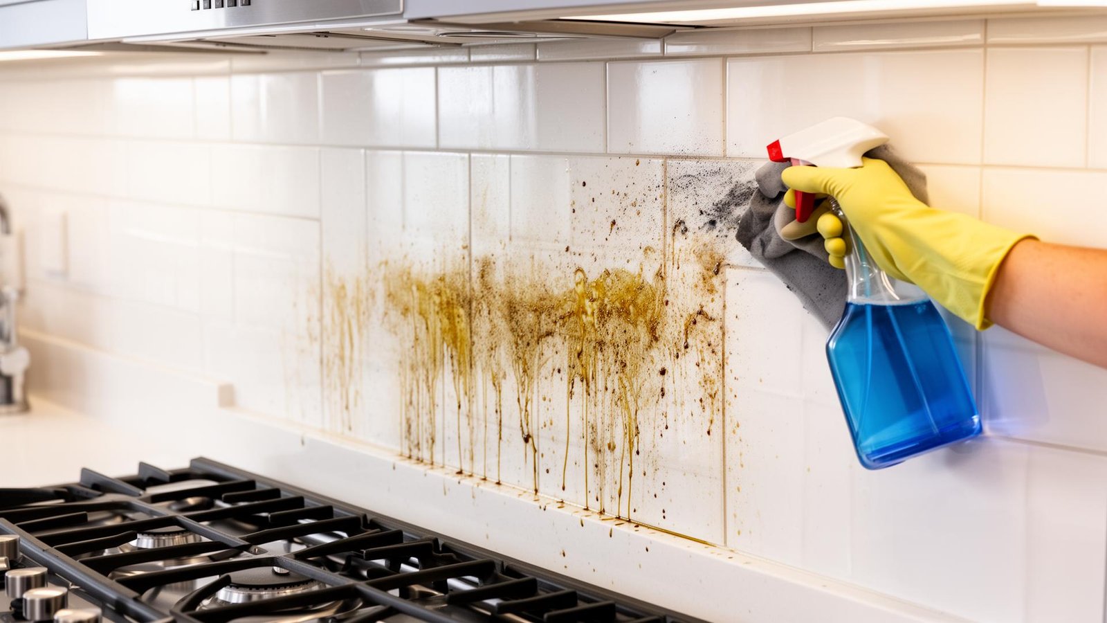 تنظيف جدران المطبخ من الدهون والشحوم بمنظف جدران متخصص